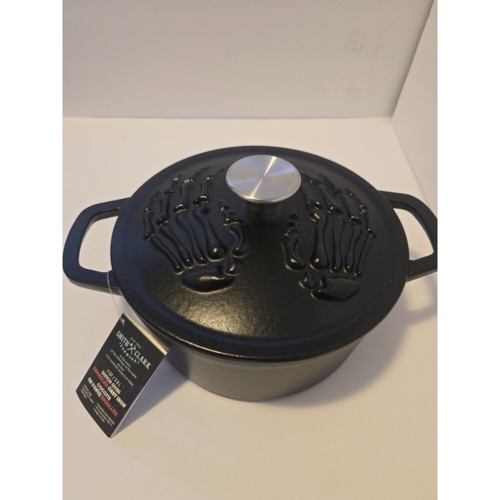 NWT SMITH & CLARK 3 Qt Enameled Cast Iron Dutch Oven Skeleton Hands Halloween